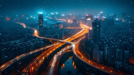 Illuminated Cityscape with Glowing Roadways at Night in Modern Metropolis