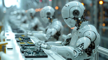 Fototapeta premium A group of humanoid robots meticulously assembling electronic devices on a production line in a futuristic factory setting, showcasing advanced robotics and automation technology