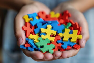 Child hand holding colorful heart on blue background. World autism awareness day concept