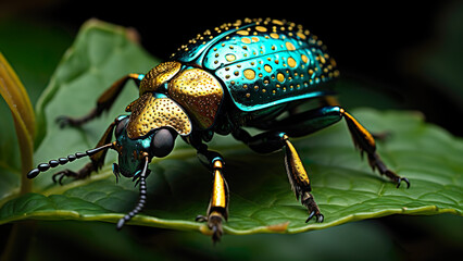Naklejka premium Dogbane Beetle - Insect, Bug, Forest Life, Small, Nature, Microphotography, Close-up, Detailed, Magnified, High-Resolution, Professional, Focus