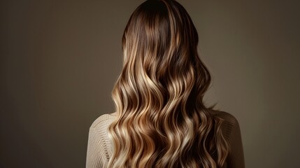 Fototapeta premium a woman with long wavy hair is shown from the back