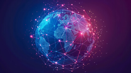 Obraz premium Digital Earth Global Network Connections. Digital representation of Earth illuminated by interconnected nodes and lines, symbolizing global connectivity, data exchange, technological web linking world