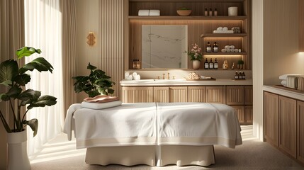 A beautifully photographed spa scene showcasing a plush treatment room, where clients enjoy skin...