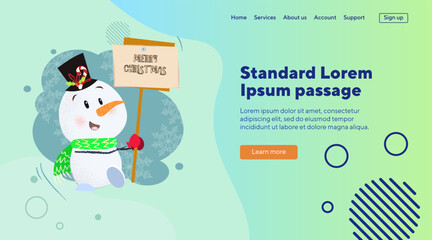 Smiling cute snowman holding Christmas tablet. Christmas design element. Holiday, advertising concept for posters or banners.