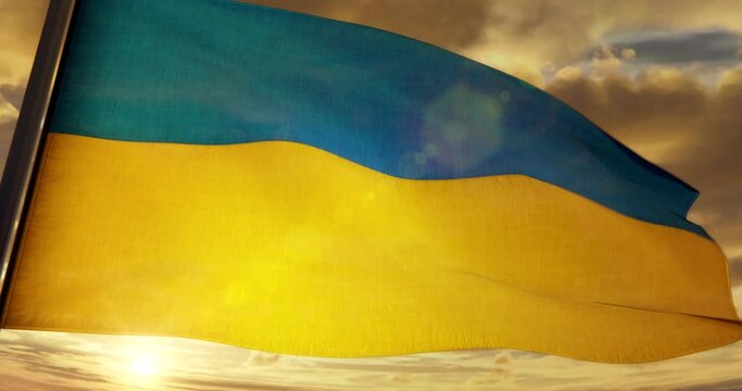 3D Rendering - Flag of Ukraine close up waving smoothly at sunset backlighted on yellow cloudy sky - 4K H264 Seamless loop