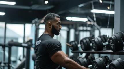 A man lifting weights and training at a well-equipped gym. 