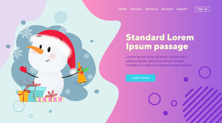 Snowman with gifts vector illustration. Drawing of snowman in red hat with gift boxes. Christmas, holiday concept for banner, web design, landing page