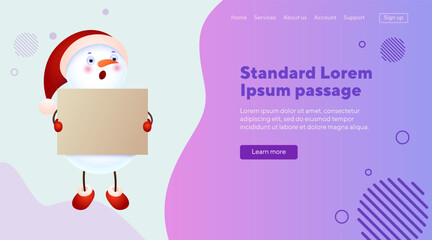 Surprised snowman wearing hat and holding blank sheet of paper. Christmas, advertising concept can be used for banner, website design, landig page