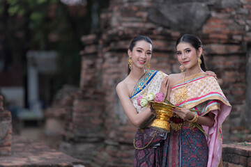 Portrait women in Thai traditional clothing. Thai traditional in Ayutthaya Thailand. Thai model...