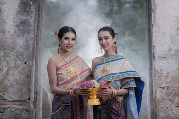 Portrait women in Thai traditional clothing. Thai traditional in Ayutthaya Thailand. Thai model portrait