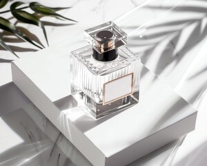 Elegant glass perfume bottle on white box with shadow and leaf.