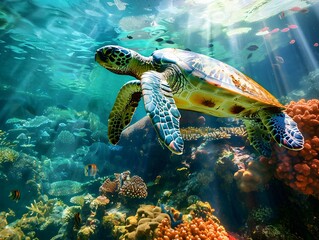 Obraz premium The image title can be: Green sea turtle swimming underwater