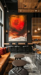a bar with a large painting on the wall
