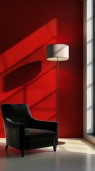 Black leather armchair and floor lamp against red wall in sunny room, minimalistic and modern interior design concept
