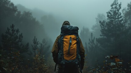 Fototapeta premium A man is walking through a forest with a large backpack on his back