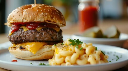 Hamburger with macaroni and cheese on a plate with ketchup