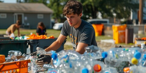 Young Man Sorting Plastic Bottles for Recycling. Dedicated young man sorting plastic bottles for recycling at an outdoor facility, emphasizing environmental responsibility and sustainability.