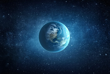 Panoramic view of the Earth, stars and galaxy. Planet Earth, view from space. Space fantasy. Elements of this image furnished by NASA.