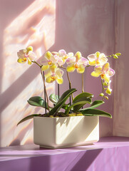 A white ceramic planter with yellow speckled mini orchids, placed on top of a purple table. 