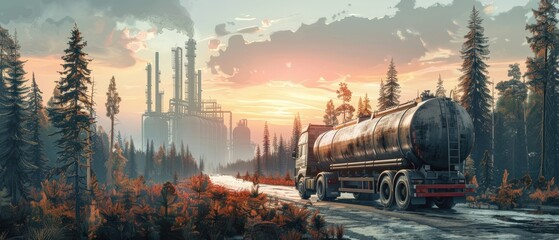 The big truck is driving on the road through the forest at sunset.