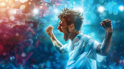 A man in a white jersey celebrates with raised fists, bathed in vibrant blue and red light.  A dynamic image of victory and passion.
