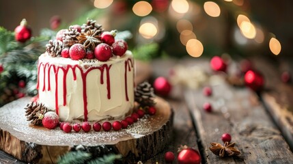 Christmas Cake on a wooden background with festive decorations