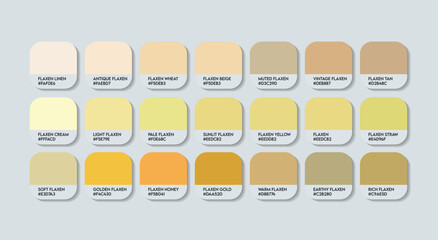 Flaxen Color Palette, Flaxen Color Guide Palette with Color Names. Catalog Samples of Flaxen with RGB HEX codes and Names. Fruit Yellow Colors Palette Vector. Plastic, Fashion Yellow Color Palette