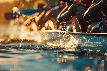 Close-up of paddles splashing water during a rowing competition.  The image captures the energy and teamwork of the athletes.