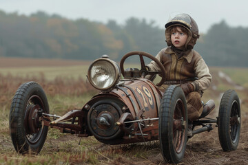 Naklejka premium Child in Pilot Outfit Driving a Vintage Race Car Outdoors