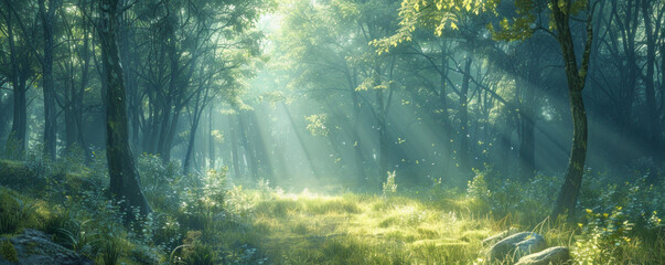 A tranquil forest scene with sunlight filtering through the trees.