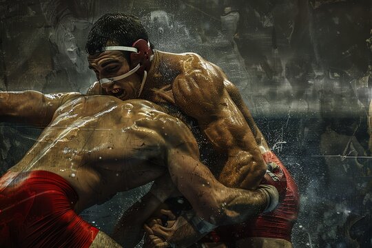 Two muscular men grapple in a wrestling match, sweat dripping in a rain-soaked arena.  The intensity of the competition is palpable.