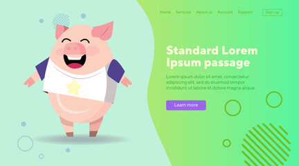 Funny pig in T-shirt with star flat vector illustration. Cartoon character standing and laughing. Animal, behavior, fashion concept can be used for banner or landing page