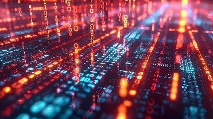 Blockchain concept: Big data binary code and futuristic information technology, showcasing data flow and interconnected blocks depicting a cryptocurrency blockchain. 3D rendering.