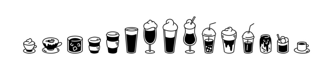 Different types of coffee. Hand drawn doodle icon set. Cappuccino, espresso, latte, americano, mocha, bubble tea, cocoa, flat white, raf. Hot and cold drinks in glass, mugs, disposable paper cups.