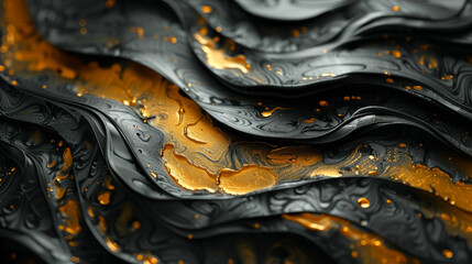 A close-up of intricate black waves with golden splashes, creating a mesmerizing abstract pattern.