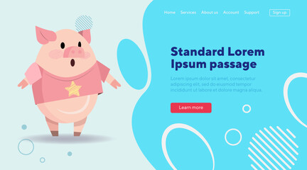 Pig in T-shirt with star flat vector illustration. Cartoon character standing. Animal, behavior, fashion concept can be used for banner or landing page