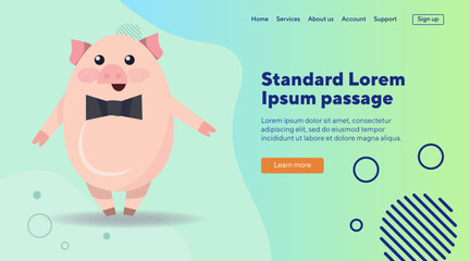 Pig with bow tie flat vector illustration. Cartoon character standing and smiling. Animal, behavior, fashion concept can be used for banner or landing page
