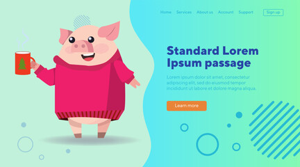 Pig with mug flat vector illustration. Cartoon character in pulover standing and drinking coffee or tea. Winter, beverage, fashion concept can be used for banner or landing page