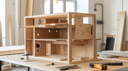 06060621 115 A half-assembled DIY shelf unit with instructions and tools nearby. --ar 16:9 Job ID: 2ce4d1de-cb3d-4dce-b1c0-102b66f12869