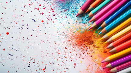 Various colored pencils scattered on a plain white surface, creating a colorful and vibrant display