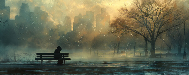 Fototapeta premium A solitary figure sitting on a bench in a city park, lost in thought and contemplation.