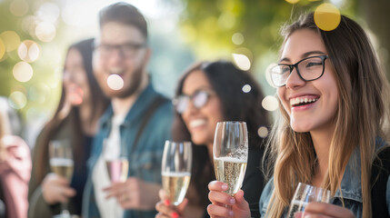 Student celebrating with a small group after successful defense, champagne and smiles, left third copy space