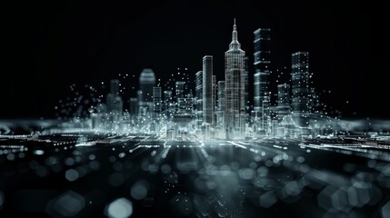 Abstract glowing wireframe hologram of a cityscape at night, on a dark background with bokeh