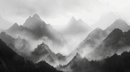 Obraz premium Misty mountain landscape with fog and forest, monochromatic view