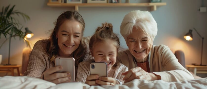 Happy little girl spend time with mum and grandmother at home, lying in bed with smart phone, laughing while watch funny videos in social networks, have fun using new application, enjoy internet usage - Powered by Adobe