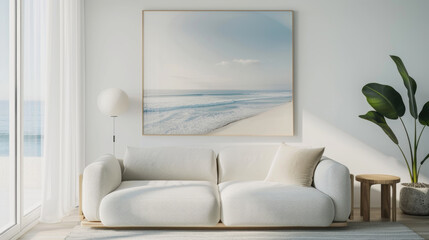 A white couch with a throw pillow sits in a modern living room with a large window overlooking the ocean. A framed beach scene hangs on the wall