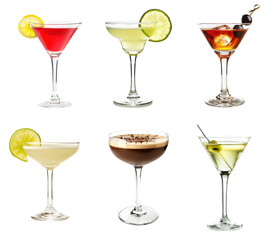 Set Of Most Popular Cocktails In The World. Cosmopolitan, Maragarita,  Manhattan, Daiquiri Glasses Of Cocktails With Long Handle Isolated On Transparent Background. AI generated
