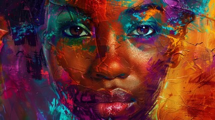 Abstract oil painting of a woman face emerging from a colorful background