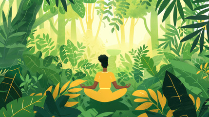 A woman sits in a meditative pose in a lush forest, surrounded by vibrant green foliage. The sun shines through the trees, illuminating the scene