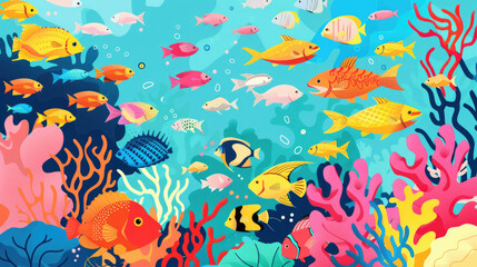 Naklejka premium A vibrant illustration depicting a coral reef teeming with colorful fish swimming through the water